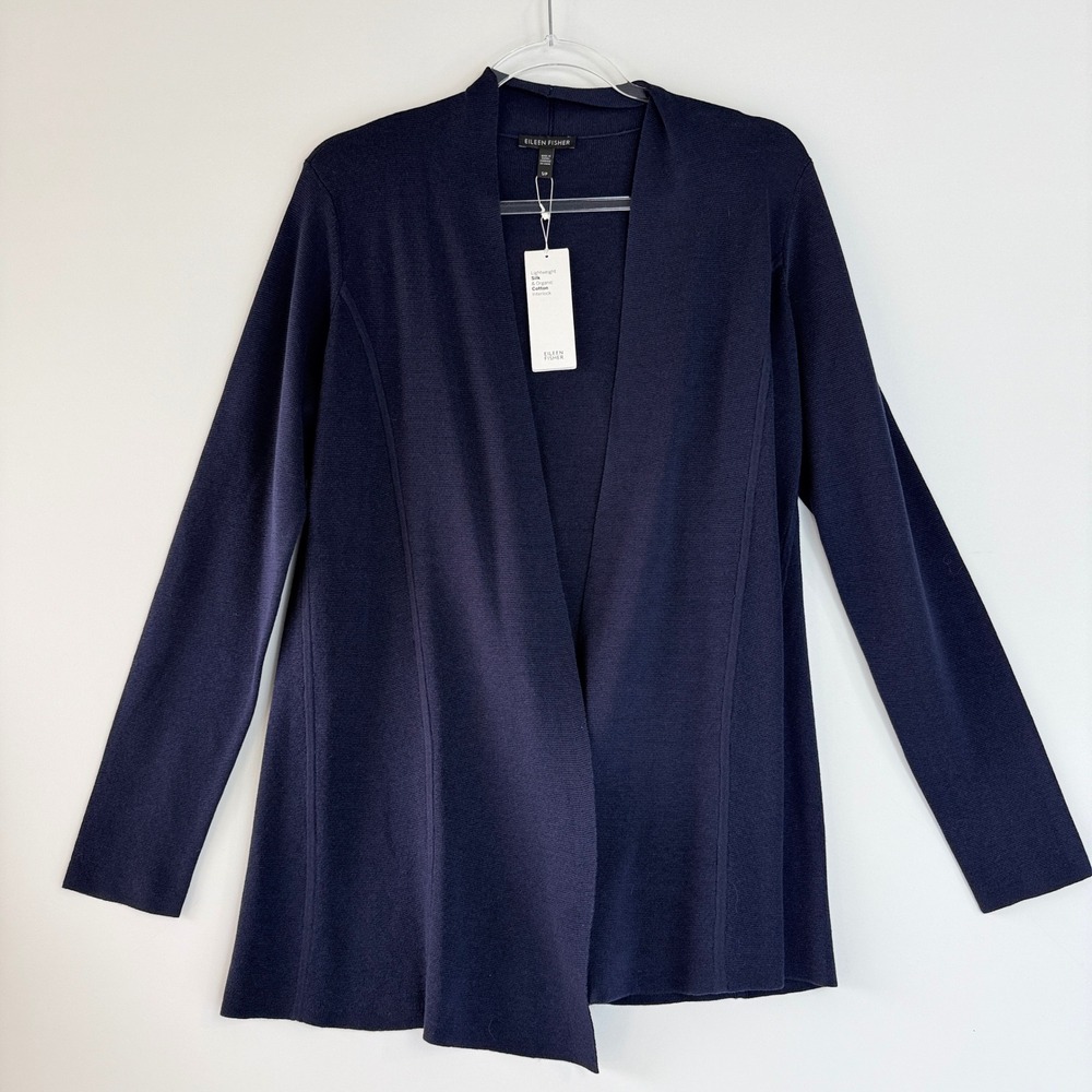Eileen Fisher Cardigan Womens Small Midnight Navy Silk Organic Cotton Open Front